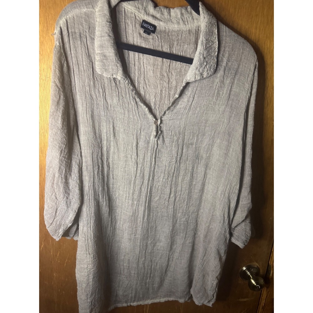 Fantazia Womens XL Crinkle Gauze Tunic Top Taupe Grey Roll Tab Sleeve V-Neck
